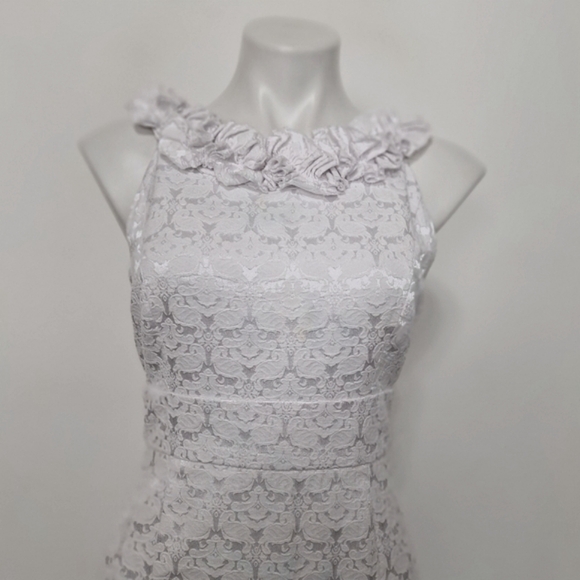 Maggy London White Lace Ruffle Neck Romantic Bridal Sheath Midi Dress Size 8 - Picture 4 of 14
